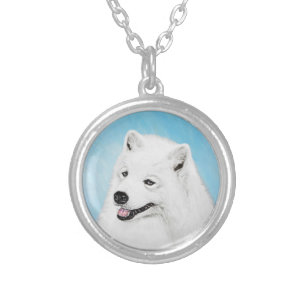 Samoyed Painting - Cute Original Dog Art Silver Plated Necklace