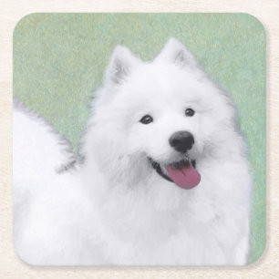 Samoyed Painting - Cute Original Dog Art Square Paper Coaster