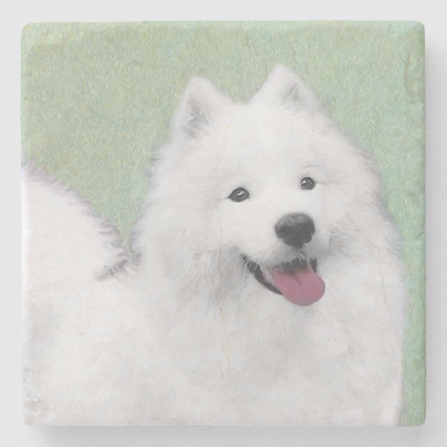 Samoyed Painting - Cute Original Dog Art Stone Coaster (Front)