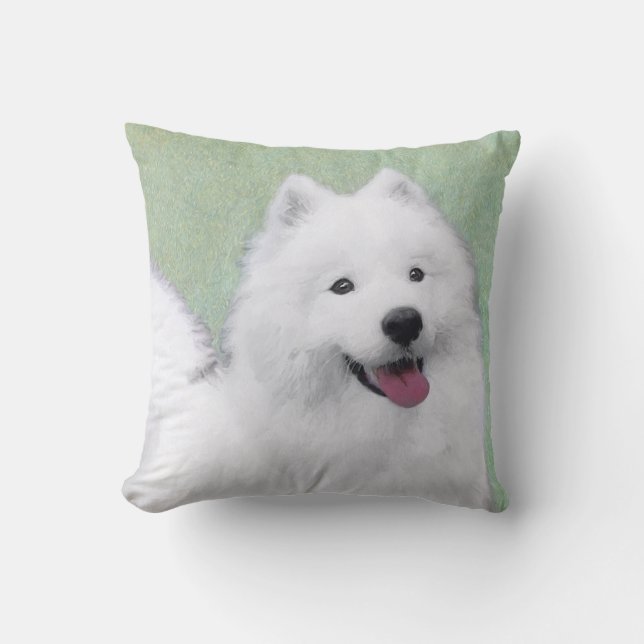 Samoyed Painting - Cute Original Dog Art Throw Pillow (Front)