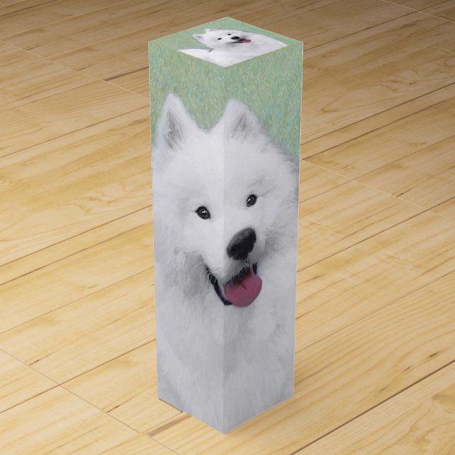 Samoyed Painting - Cute Original Dog Art Wine Box (Front)