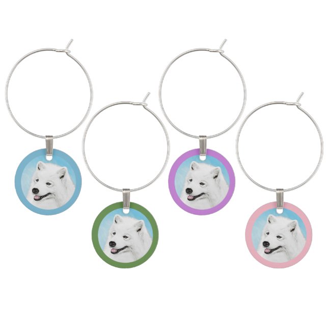 Samoyed Painting - Cute Original Dog Art Wine Charm (Staggered)
