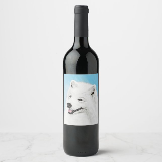 Samoyed Painting - Cute Original Dog Art Wine Label (Front)