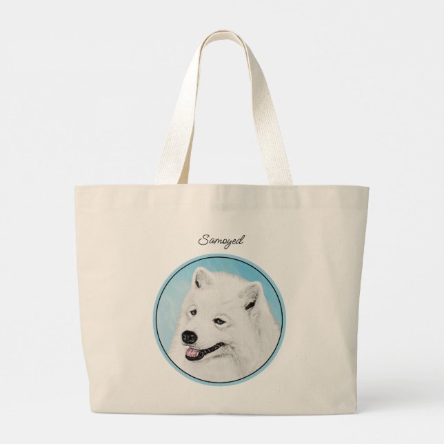 Samoyed Painting White Cute Original Pet Dog Art Large Tote Bag (Back)