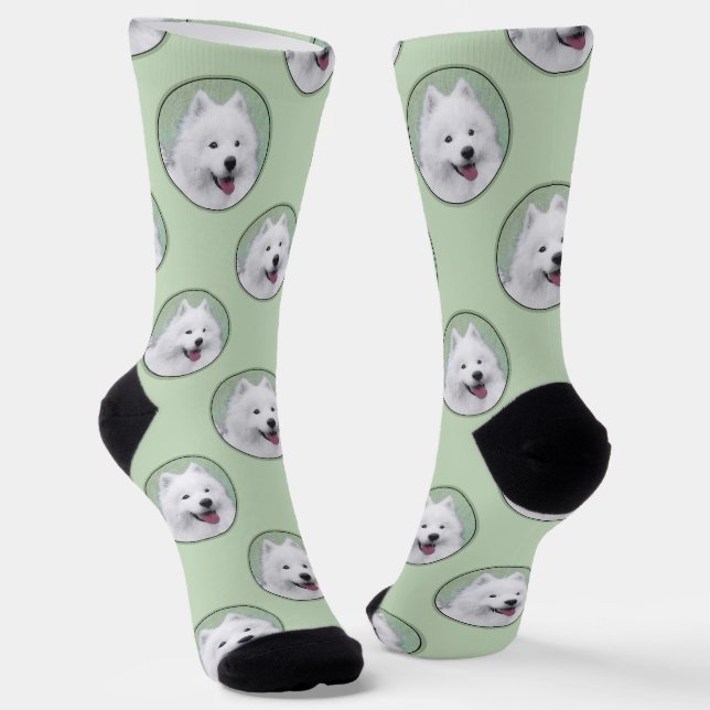 Samoyed Painting White Cute Original Pet Dog Art Socks (Angled)