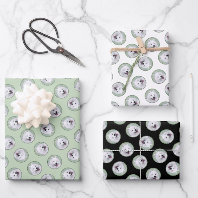Samoyed Painting White Cute Original Pet Dog Art Wrapping Paper Sheets (Front)