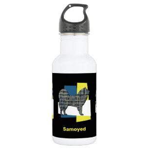 Samoyed Pet Dog Silhouette Yellow & Blue Grid Stainless Steel Water Bottle