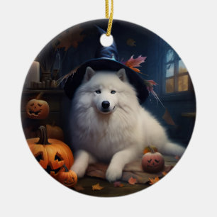 Samoyed Pumpkins Halloween Scary Ceramic Ornament
