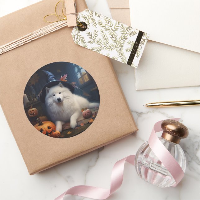 Samoyed Pumpkins Halloween Scary Classic Round Sticker (Gifting)