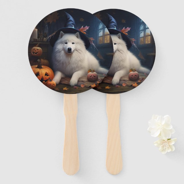 Samoyed Pumpkins Halloween Scary Hand Fan (Front and Back)