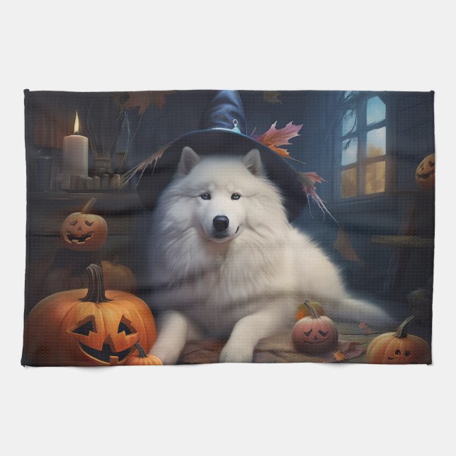 Samoyed Pumpkins Halloween Scary Kitchen Towel (Horizontal)