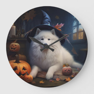 Samoyed Pumpkins Halloween Scary Large Clock