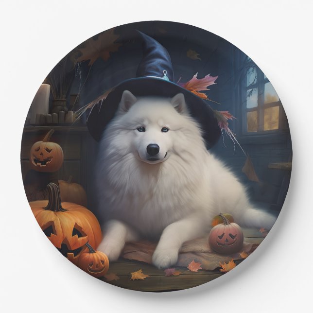 Samoyed Pumpkins Halloween Scary Paper Plates (Front)