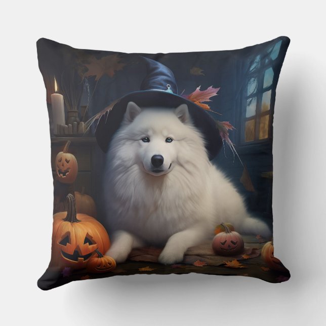 Samoyed Pumpkins Halloween Scary Throw Pillow (Back)
