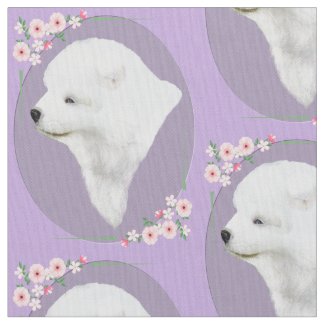 Samoyed Pup Portrait on Oval/Floral Frame Fabric