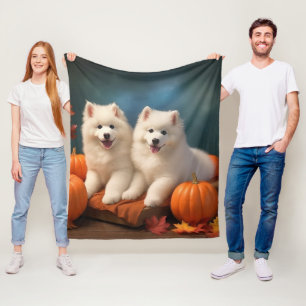 Samoyed Puppy Autumn Delight Pumpkin  Fleece Blanket