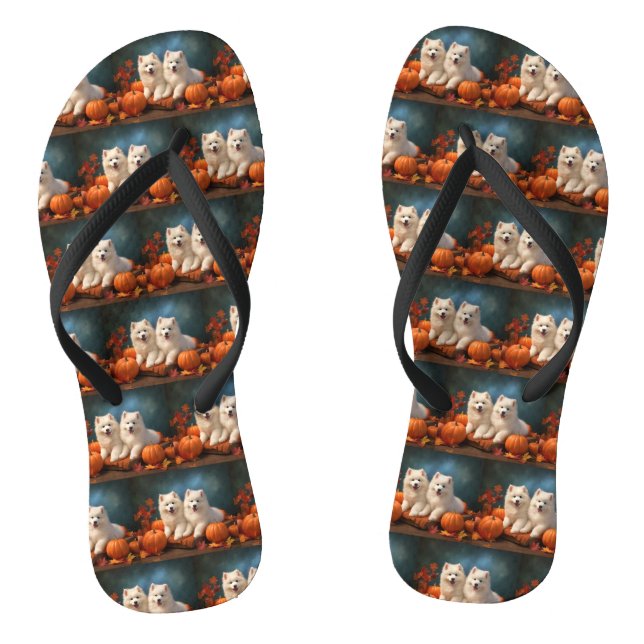 Samoyed Puppy Autumn Delight Pumpkin  Flip Flops (Footbed)