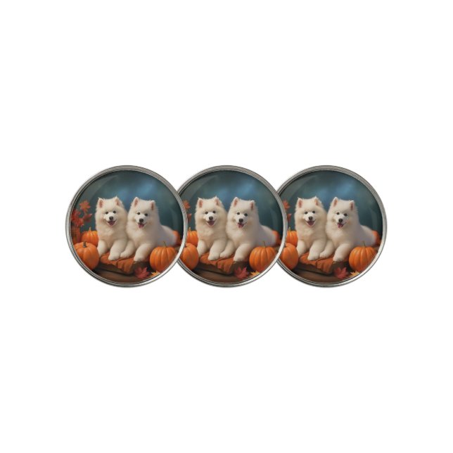 Samoyed Puppy Autumn Delight Pumpkin  Golf Ball Marker (3 Up)