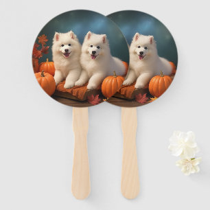 Samoyed Puppy Autumn Delight Pumpkin Hand Fan