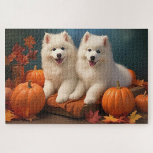 Samoyed Puppy Autumn Delight Pumpkin Jigsaw Puzzle