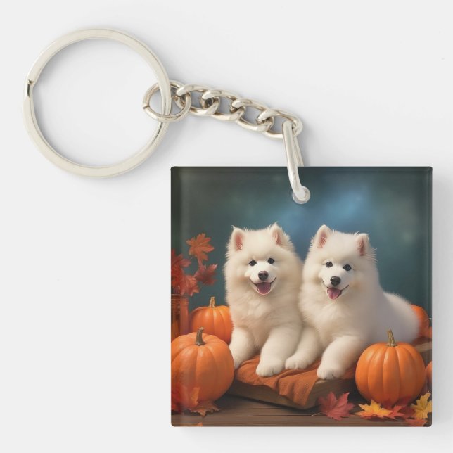 Samoyed Puppy Autumn Delight Pumpkin  Keychain (Front)