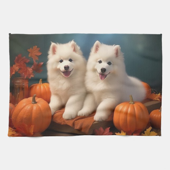 Samoyed Puppy Autumn Delight Pumpkin  Kitchen Towel (Horizontal)