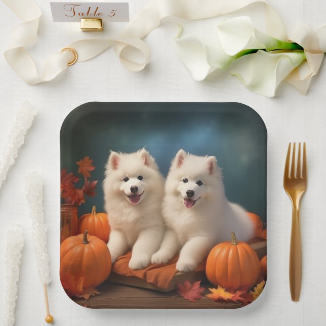 Samoyed Puppy Autumn Delight Pumpkin  Paper Plates (Wedding)