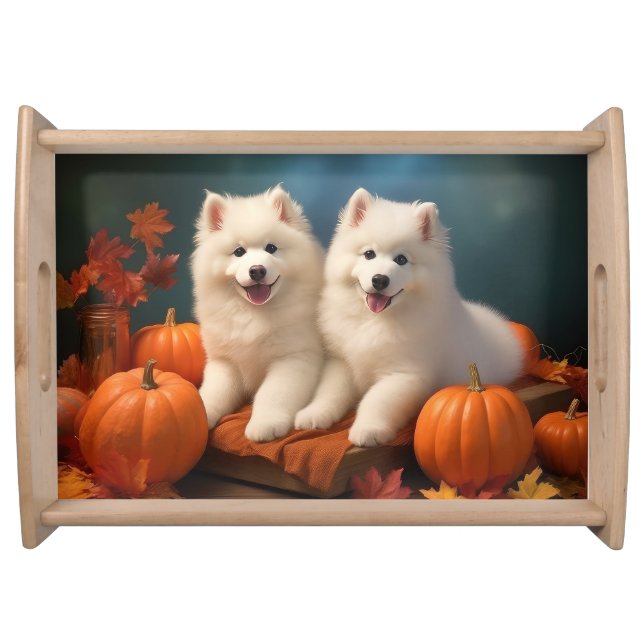 Samoyed Puppy Autumn Delight Pumpkin  Serving Tray (Front)