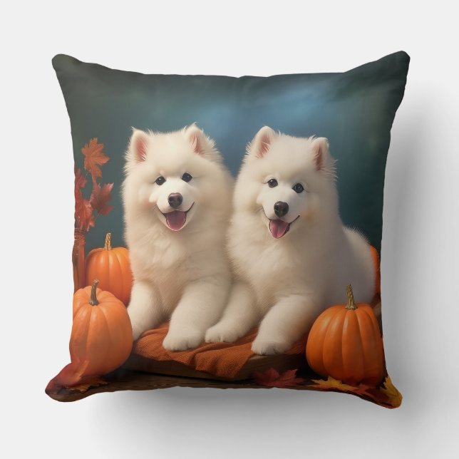 Samoyed Puppy Autumn Delight Pumpkin  Throw Pillow (Front)