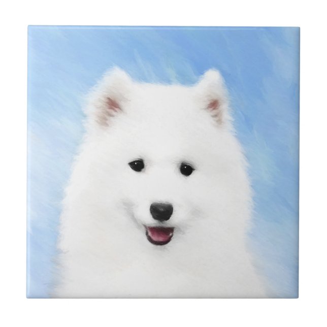 Samoyed Puppy Painting - Cute Original Dog Art Ceramic Tile (Front)