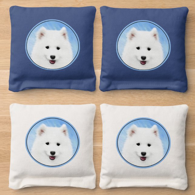 Samoyed Puppy Painting - Cute Original Dog Art Cornhole Bags (Wood)
