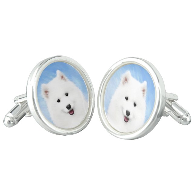 Samoyed Puppy Painting - Cute Original Dog Art Cufflinks (Angled)