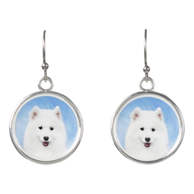 Samoyed Puppy Painting - Cute Original Dog Art Earrings (Front)