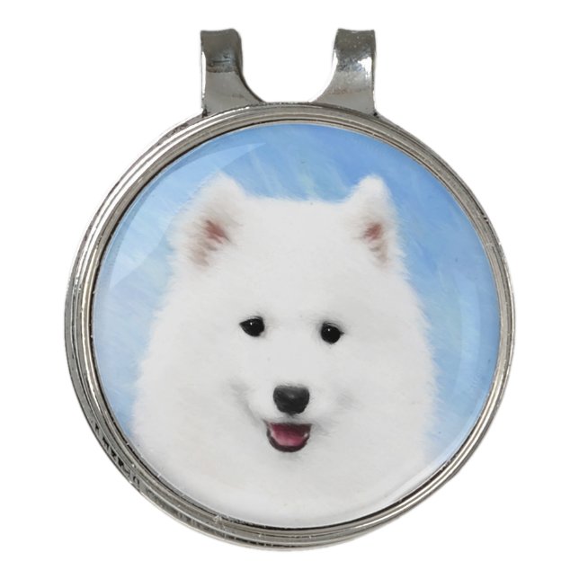 Samoyed Puppy Painting - Cute Original Dog Art Golf Hat Clip (Front)