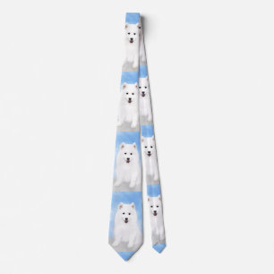 Samoyed Puppy Painting - Cute Original Dog Art Neck Tie