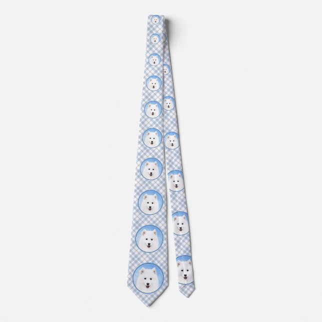 Samoyed Puppy Painting - Cute Original Dog Art Neck Tie (Front)