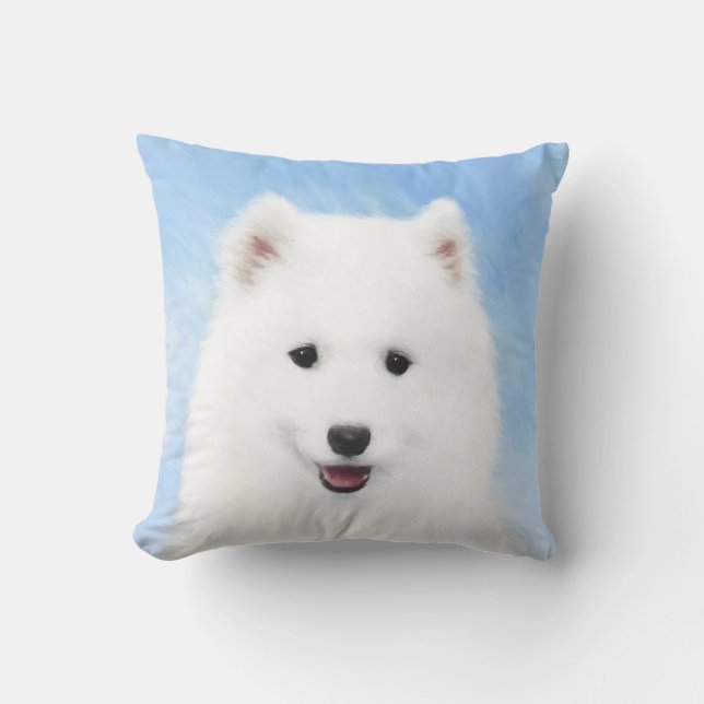 Samoyed Puppy Painting - Cute Original Dog Art Outdoor Pillow (Front)