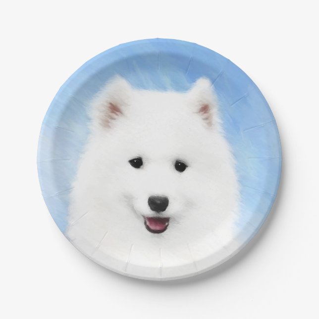 Samoyed Puppy Painting - Cute Original Dog Art Paper Plates (Front)