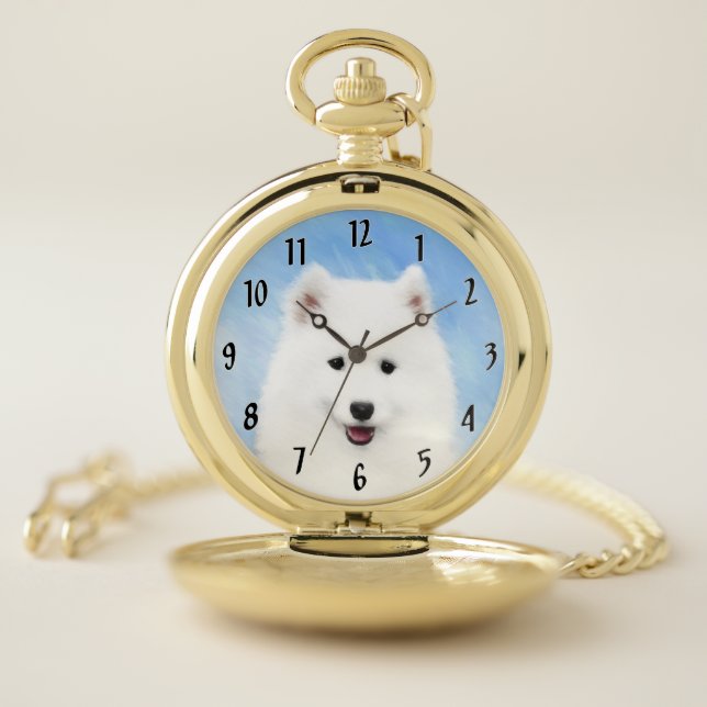 Samoyed Puppy Painting - Cute Original Dog Art Pocket Watch (Inside)