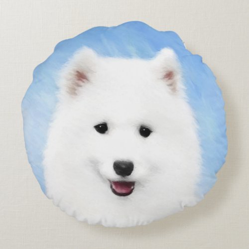 Samoyed Puppy Painting _ Cute Original Dog Art Round Pillow