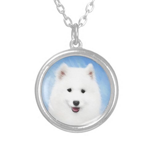 Samoyed Puppy Painting _ Cute Original Dog Art Silver Plated Necklace