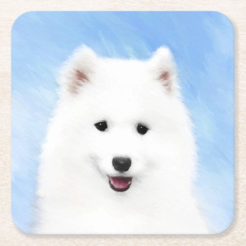 Samoyed Puppy Painting _ Cute Original Dog Art Square Paper Coaster