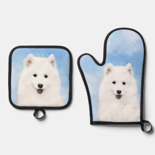 Samoyed Puppy Painting White Cute Original Dog Art Oven Mitt & Pot Holder Set