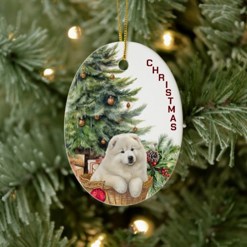 Samoyed Puppy Wicker Basket Christmas Ceramic Ornament