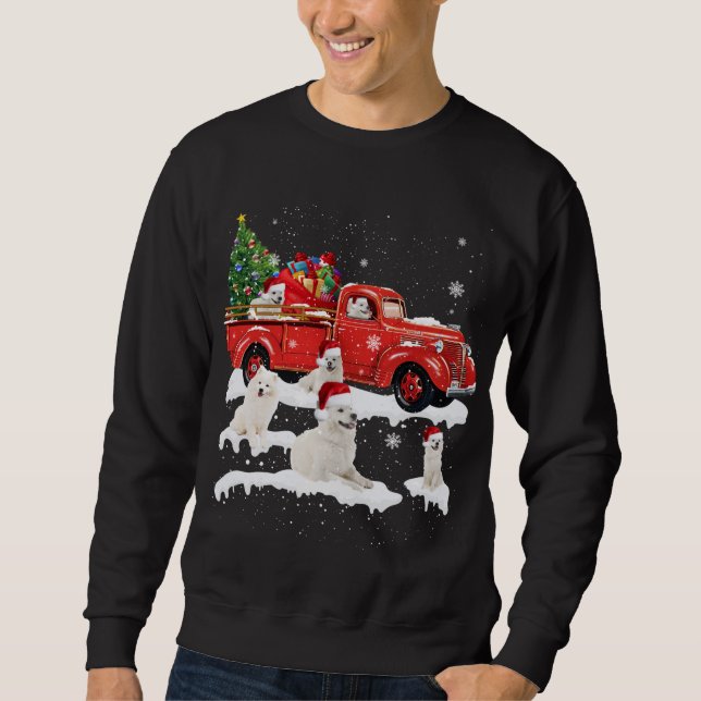 Samoyed Riding Red Truck Merry Christmas X-mas Ugl Sweatshirt (Front)