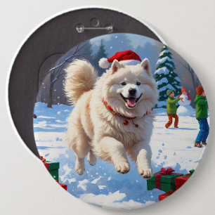 Samoyed Running in Snow with Christmas Hat Button