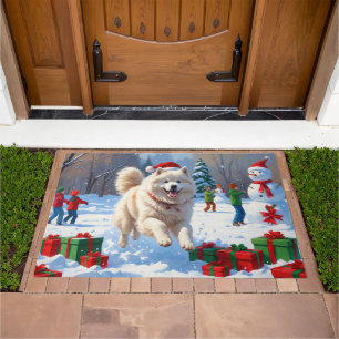 Samoyed Running in Snow with Christmas Hat Doormat