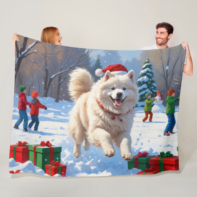Samoyed Running in Snow with Christmas Hat Fleece Blanket (In Situ)