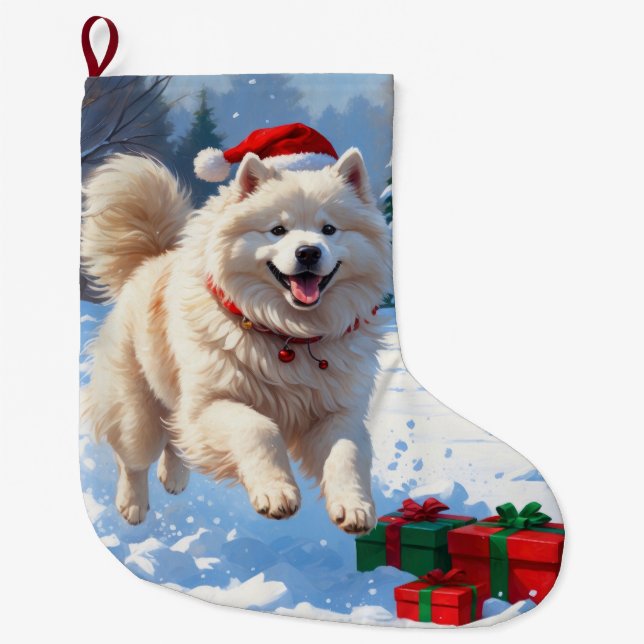 Samoyed Running in Snow with Christmas Hat Large Christmas Stocking (Front)