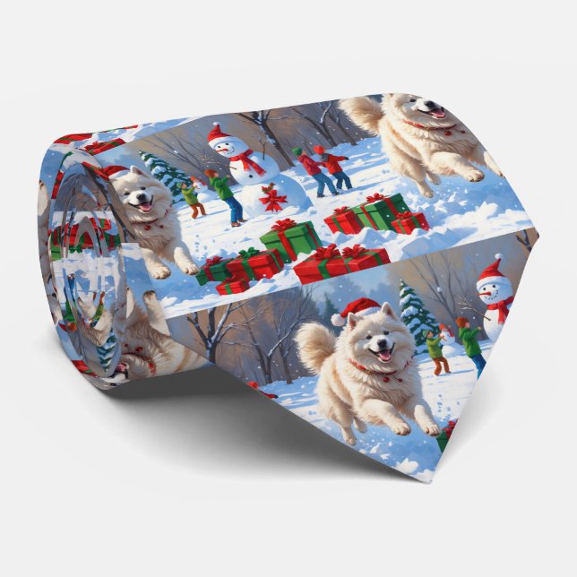 Samoyed Running in Snow with Christmas Hat Neck Tie (Rolled)